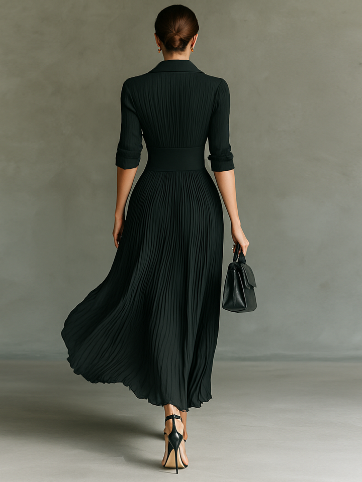 Long Maxi Dress with Long Sleeves, Notched Collar, and Pleats