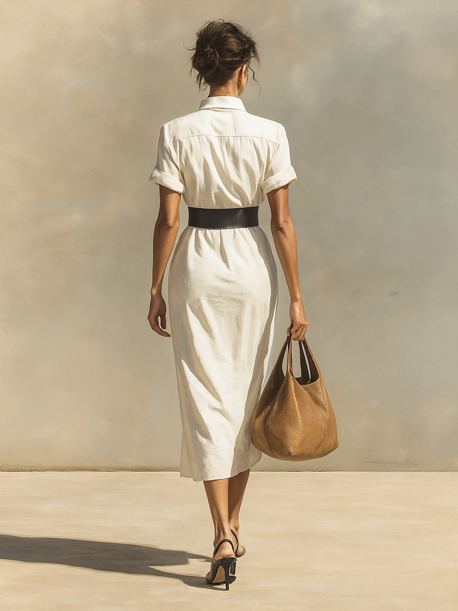 Women's Short Sleeve Dress with Collar and Belt