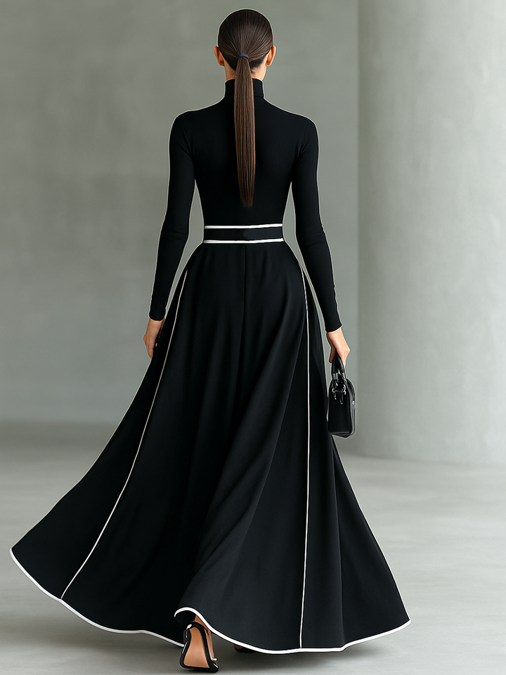 Black Maxi Dress with White Stitching, High Neck, Long Sleeves, and Fitted Waist