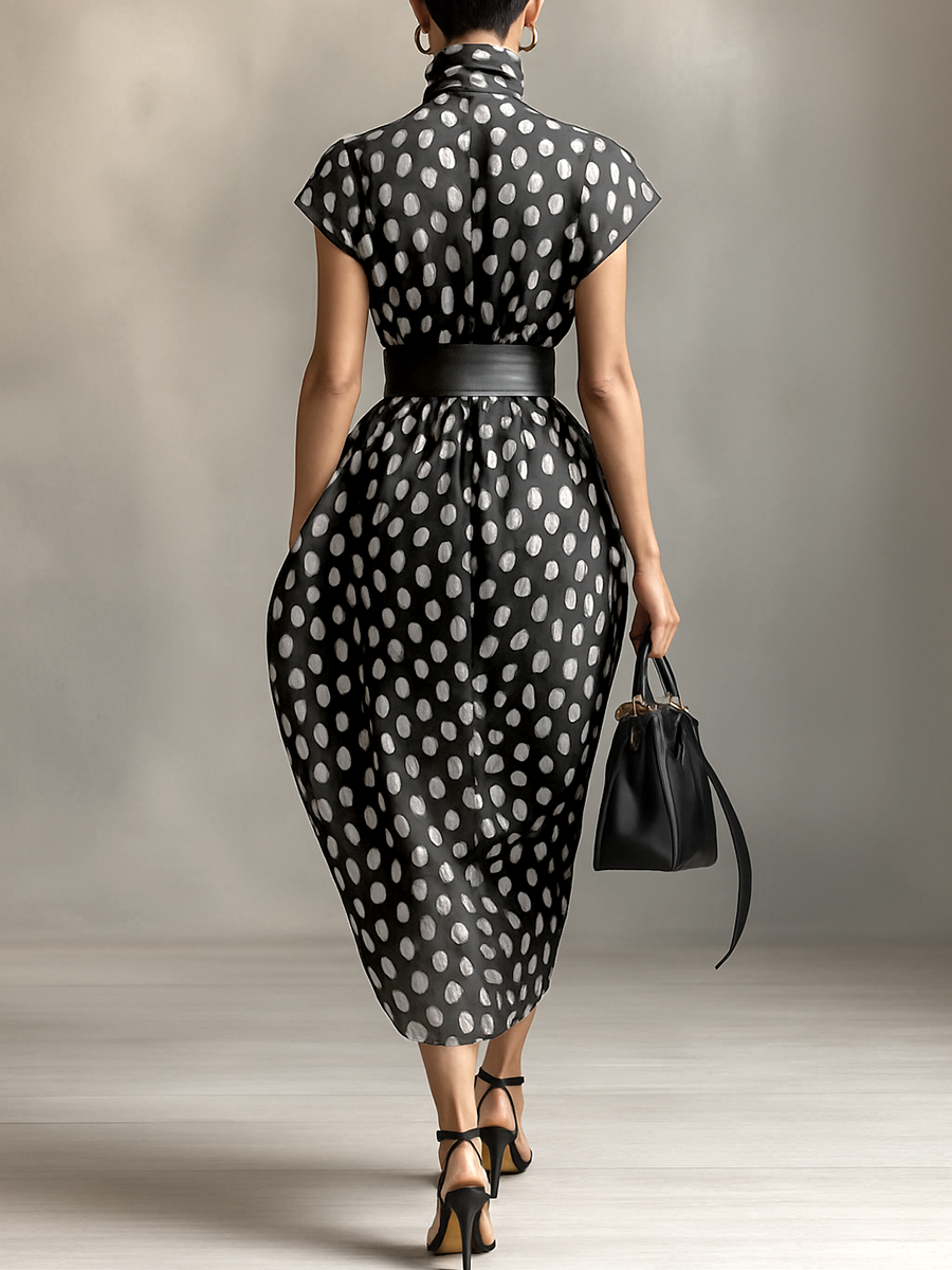 Maxi Chiffon Dress with Polka Dot Print and High Collar