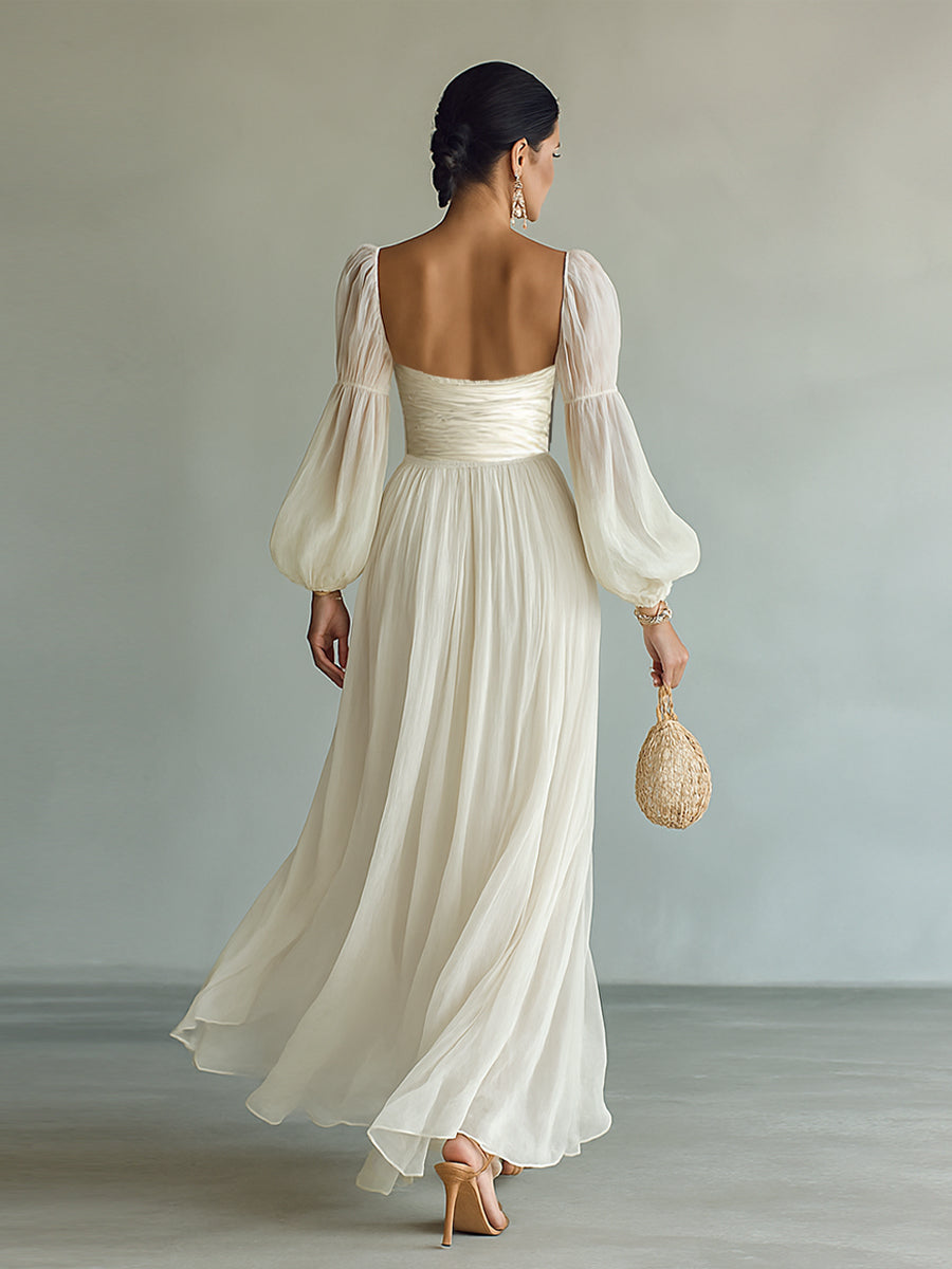 Women's Maxi Chiffon Dress with Square Neckline and Long Sleeves