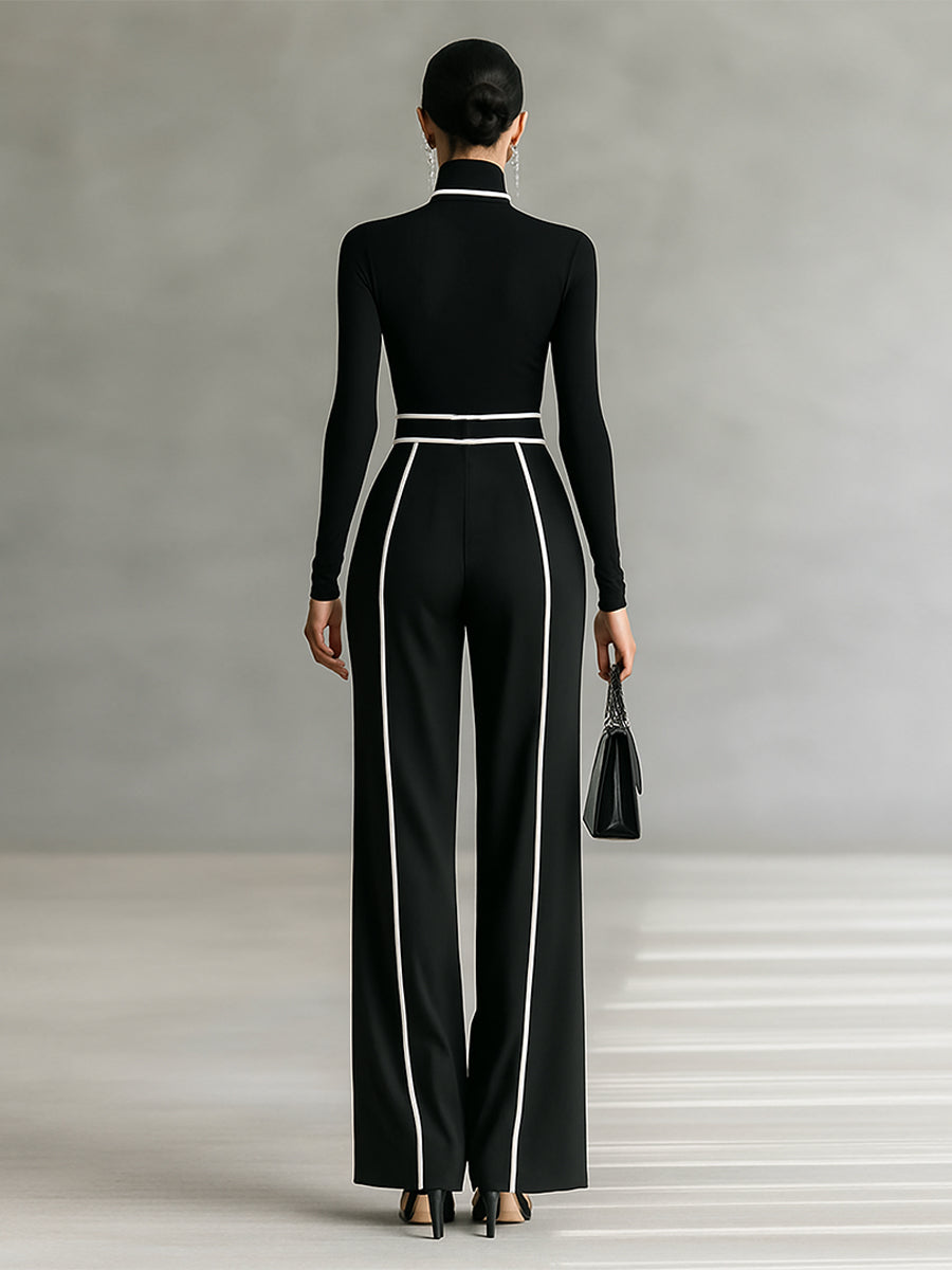 Two-piece women's set with high-neck long-sleeve top, wide-leg pants, and belt