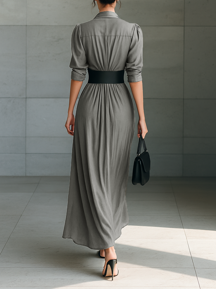 Maxi Dress with Notched Collar and Long Sleeves