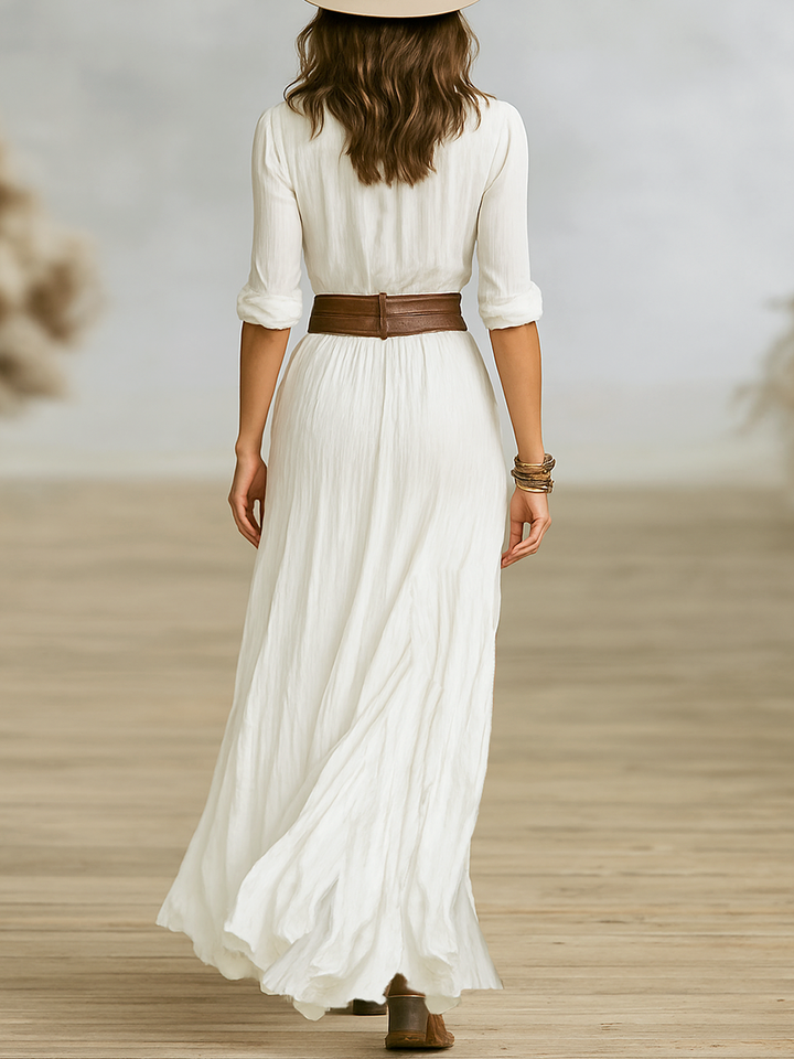 Women's Long Maxi Dress in Imitation Cotton and Linen with Notched Collar