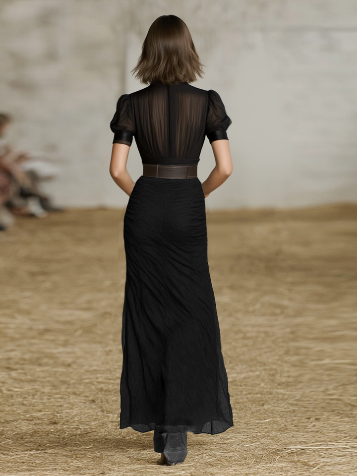 Maxi Dress in Pleated Chiffon with Lapel and Short Sleeves