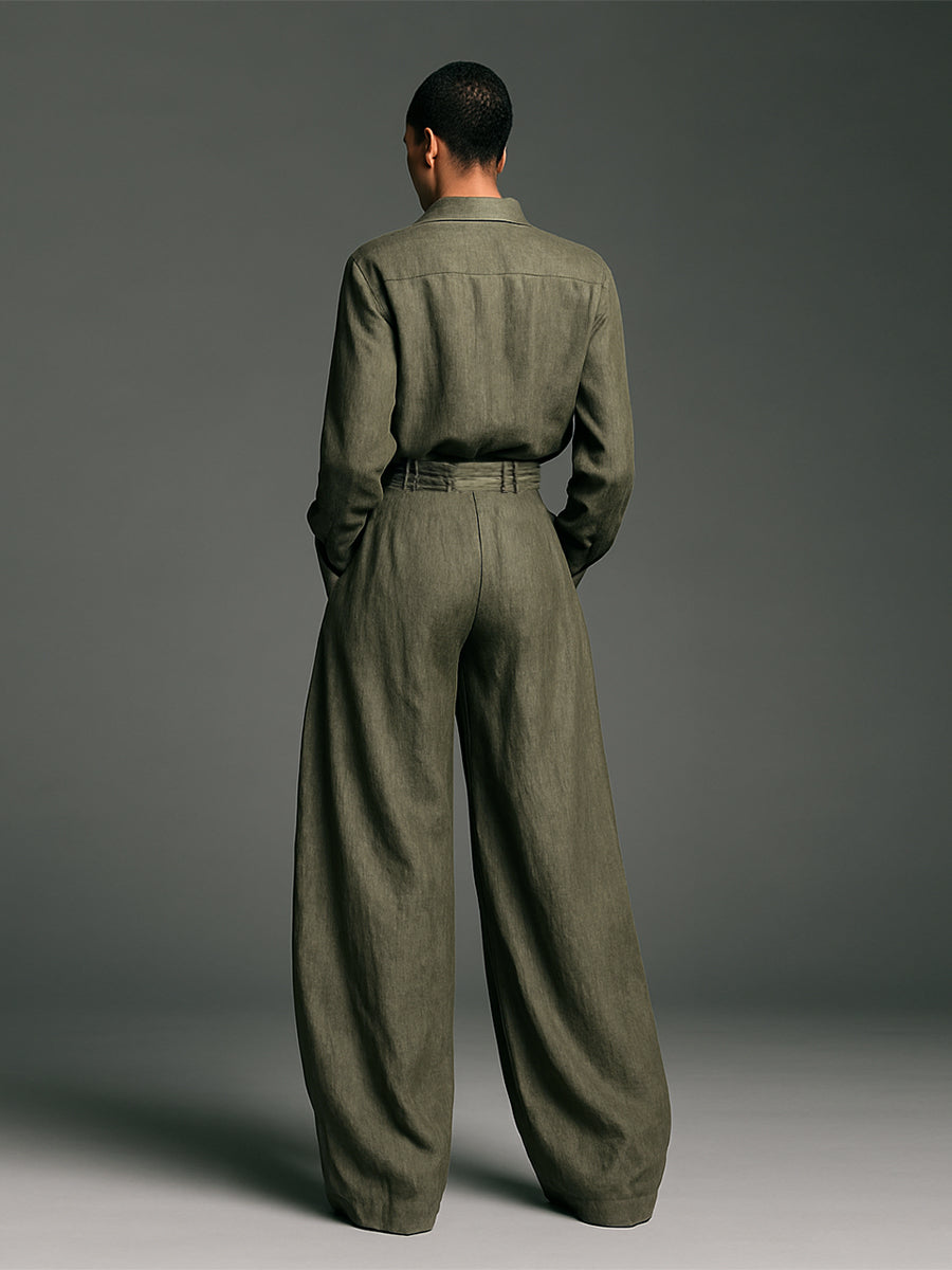Two-Piece Women's Cotton and Linen Set with Long Sleeve Shirt and Wide Leg Pants