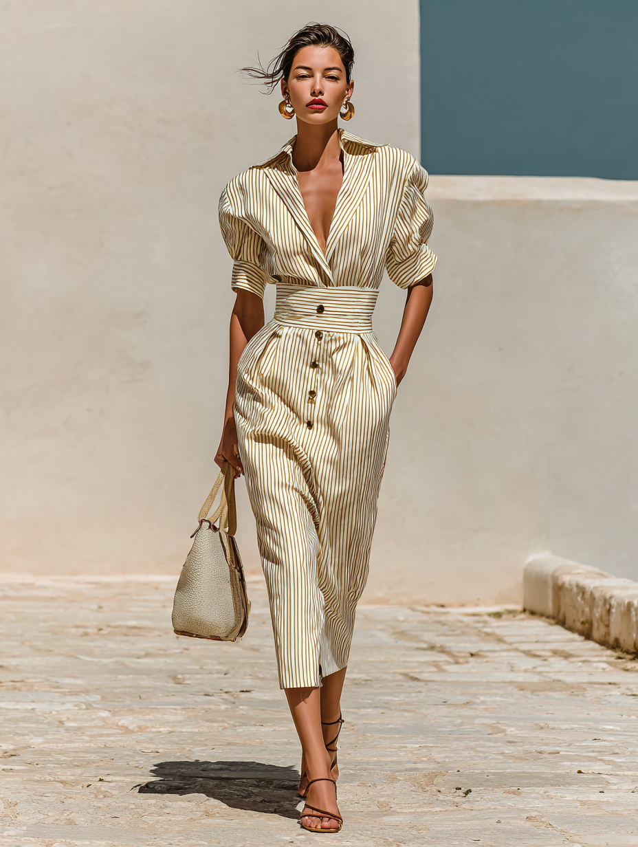 Striped Midi Dress with Collar and Short Sleeves