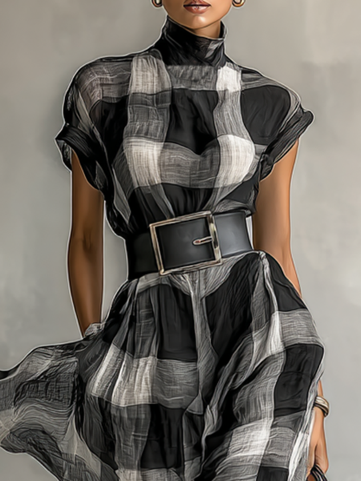 Maxi Dress in Check Chiffon with High Neck and Short Sleeves