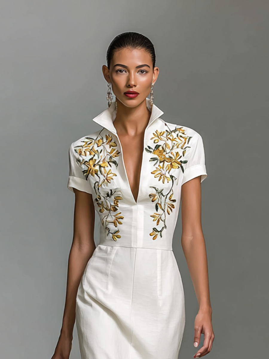 Embroidered Midi Dress for Women with V-Neck and Short Sleeves