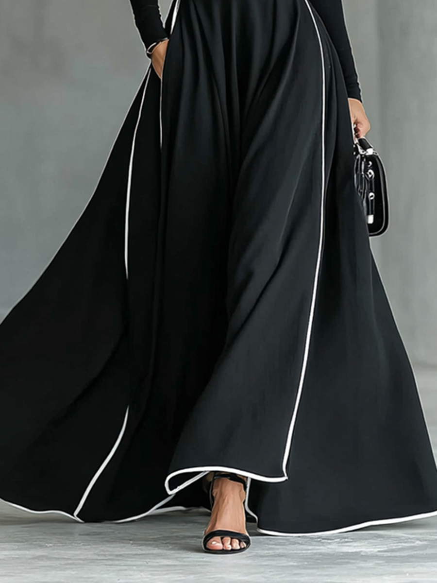 Black Maxi Dress with White Stitching, High Neck, Long Sleeves, and Fitted Waist