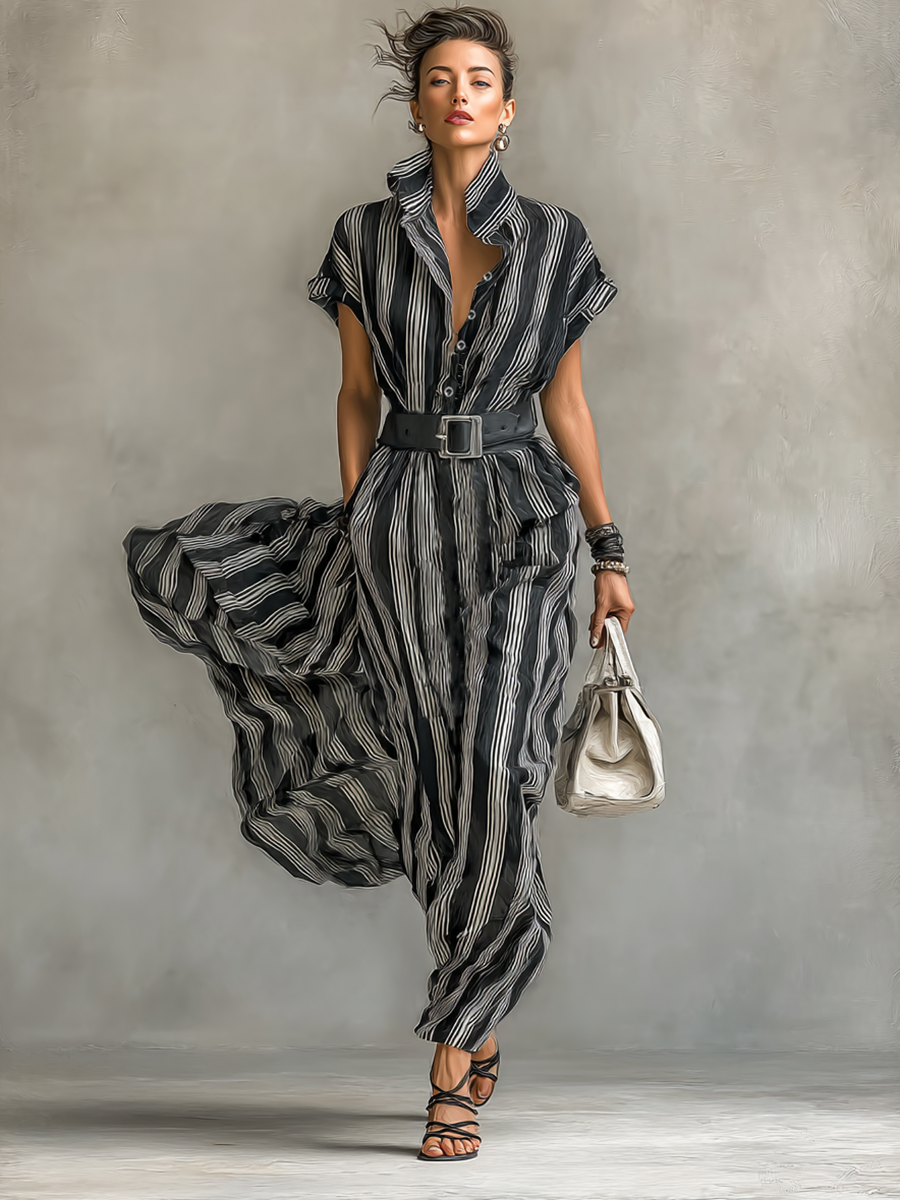 Maxi Striped Chiffon Dress with Collar and Short Sleeves for Women with Belt