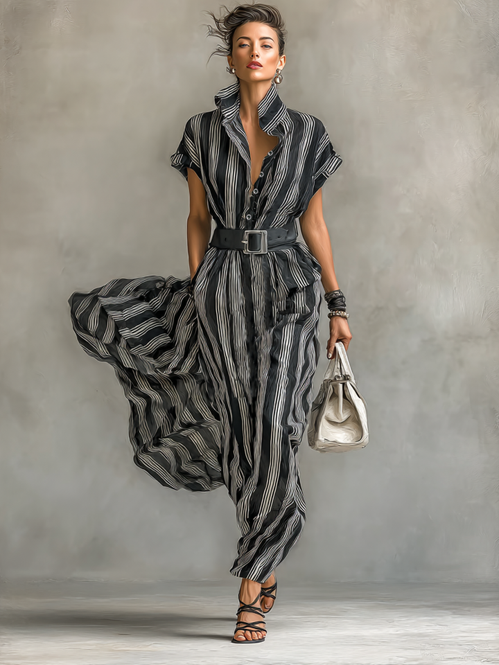 Maxi Striped Chiffon Dress with Collar and Short Sleeves for Women with Belt