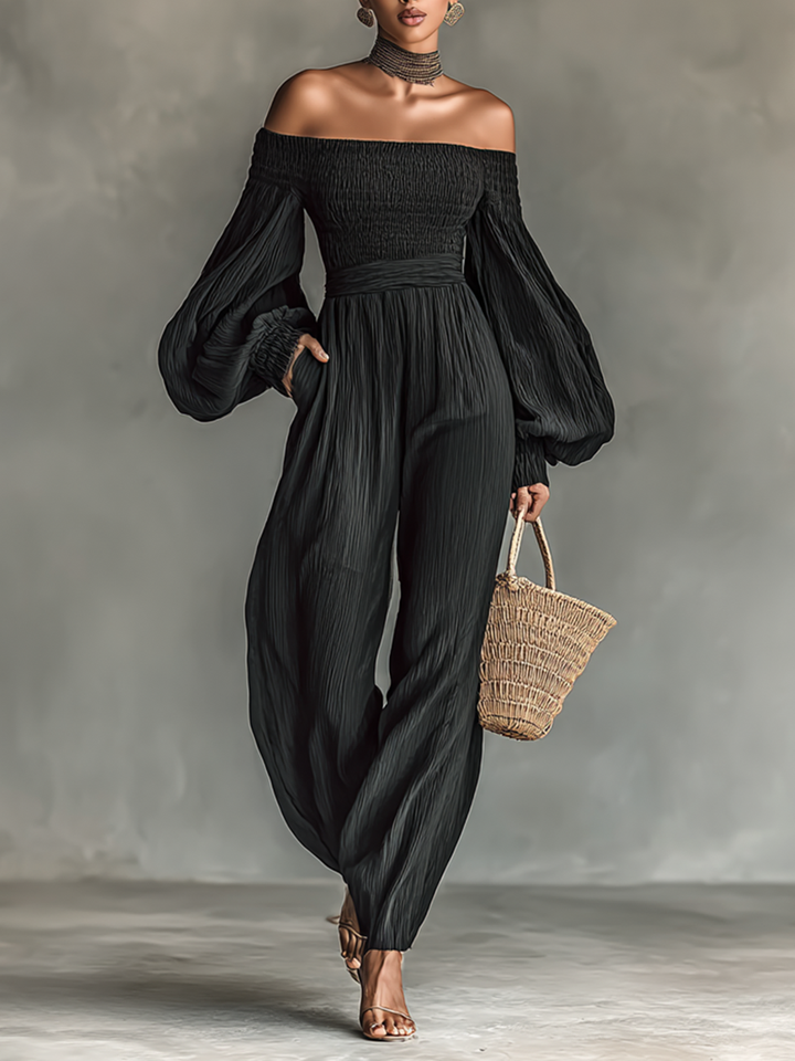 Women's Pleated Fabric Jumpsuit with Off-the-Shoulder Design and Long Sleeves