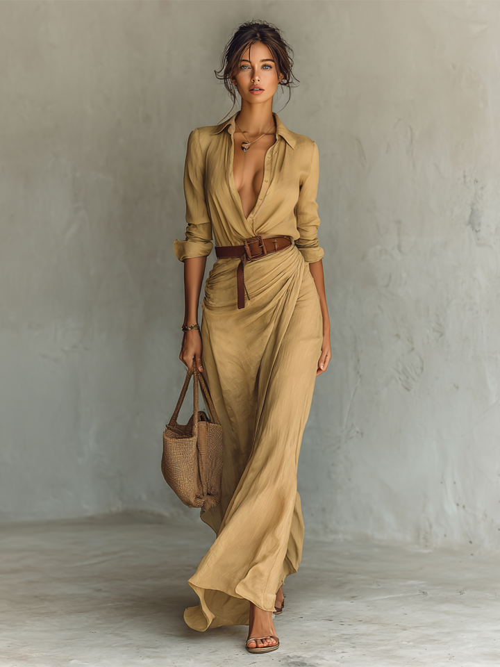 Long Maxi Dress with Notch Collar and Included Belt