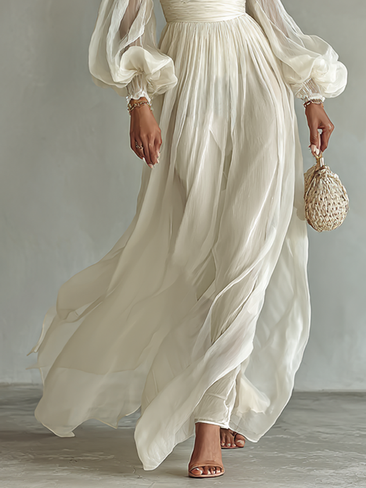 Women's Chiffon Maxi Dress with Square Neckline and Long Sleeves