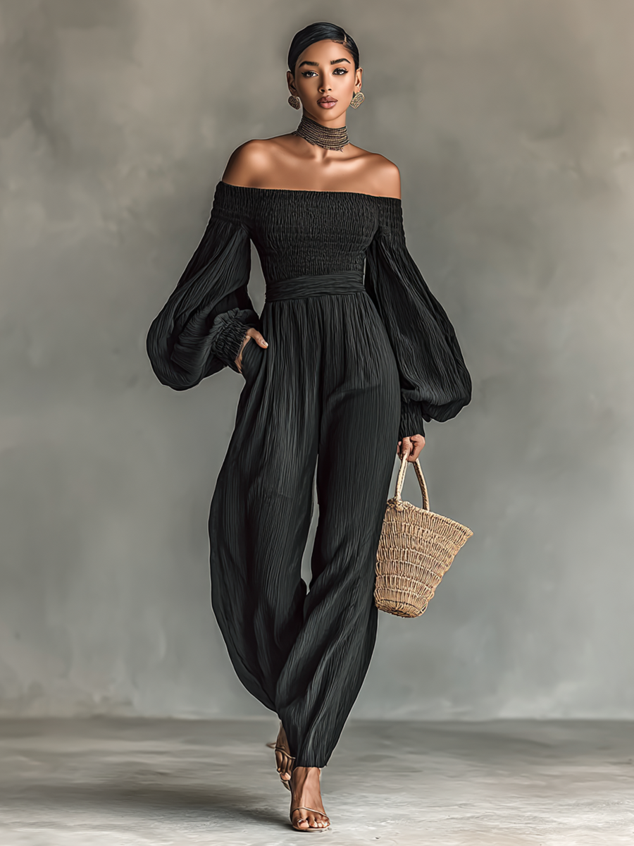 Women's Pleated Fabric Jumpsuit with Off-the-Shoulder Design and Long Sleeves