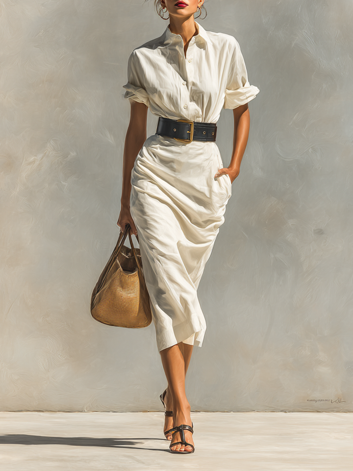 Women's Short Sleeve Dress with Collar and Belt