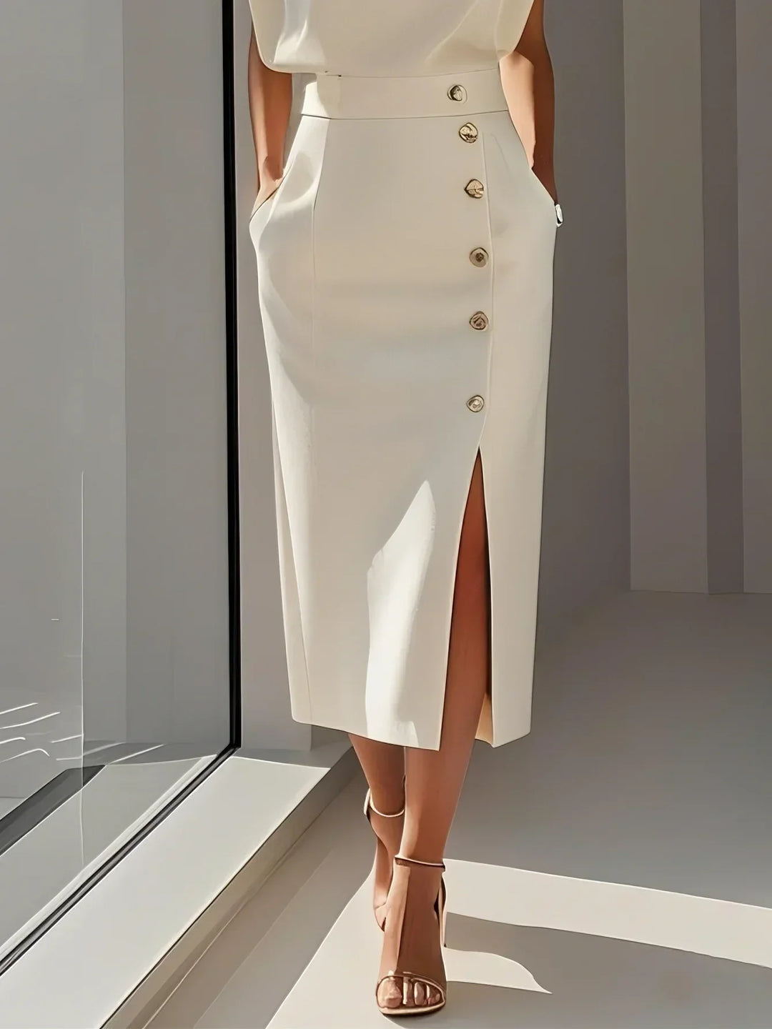 Hayden Marlene™ | Solid Midi Dress with Button Slit and Round Neckline
