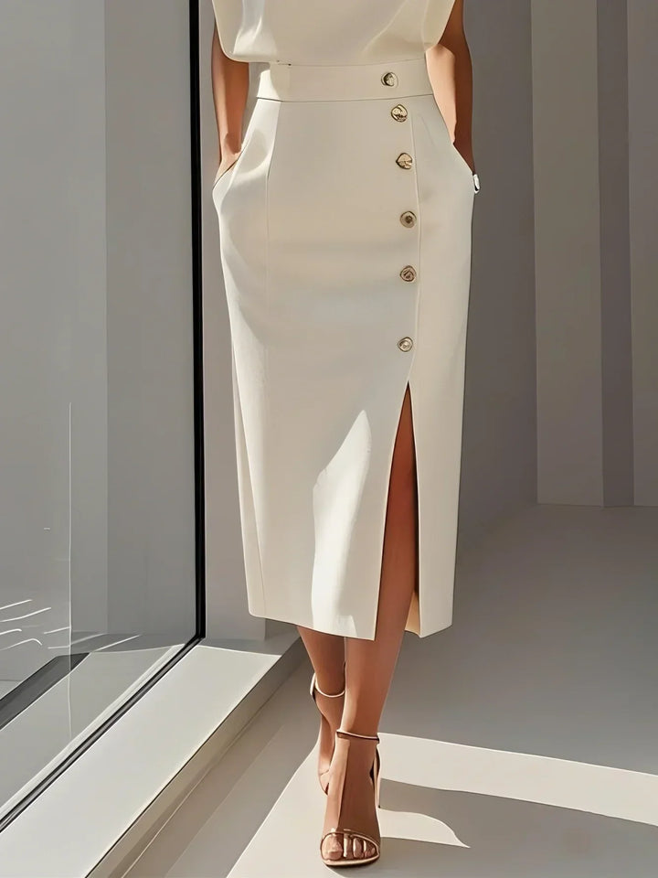 Hayden Marlene™ | Solid Midi Dress with Button Slit and Round Neckline