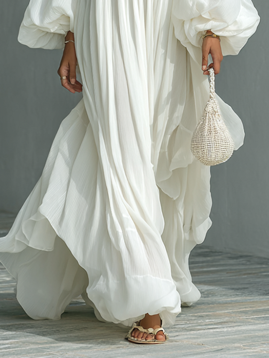 Maxi Pleated Dress with Lantern Sleeves and Notched Collar