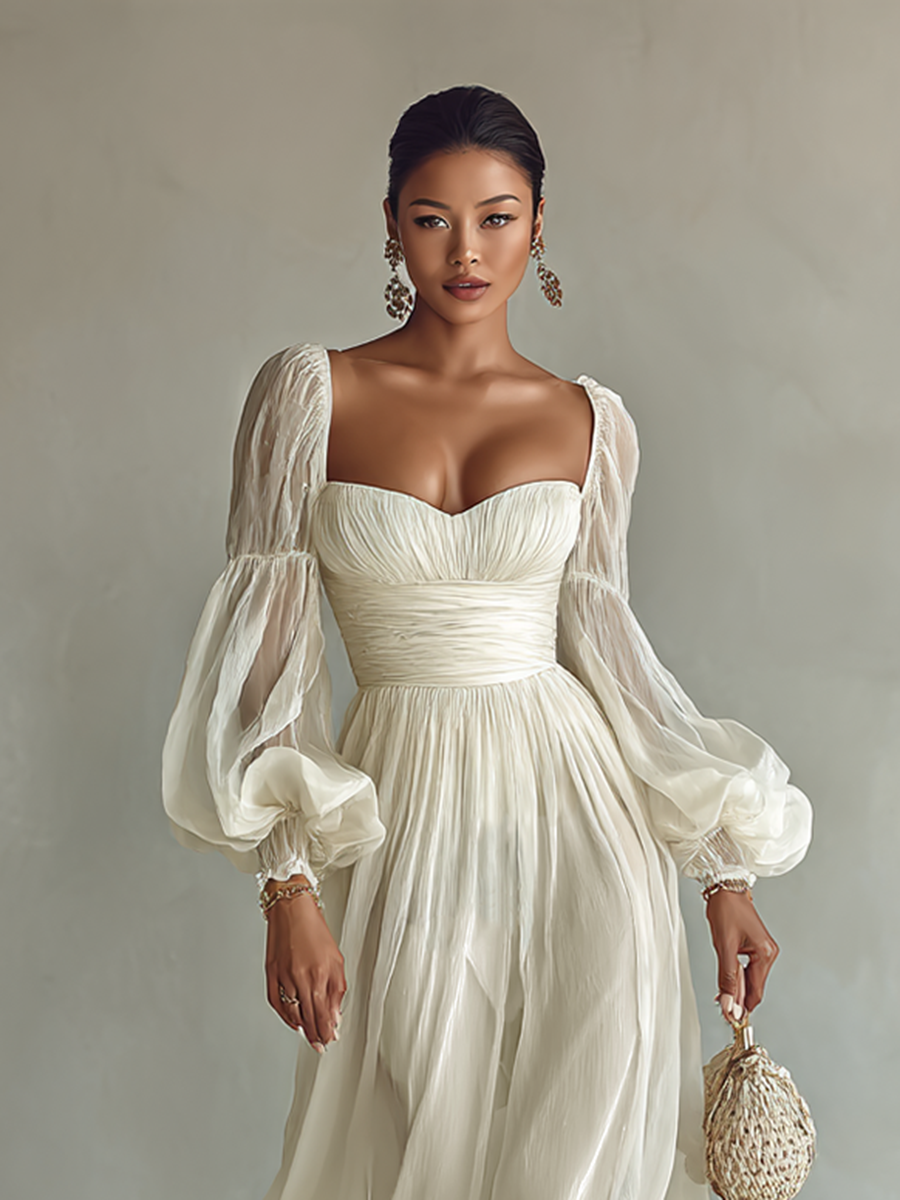 Women's Chiffon Maxi Dress with Square Neckline and Long Sleeves