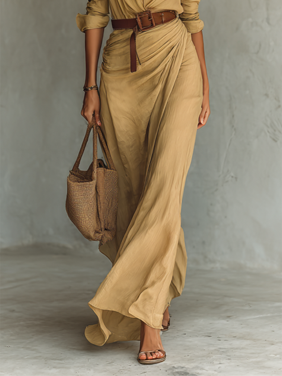 Long Maxi Dress with Notched Collar and Belt Included