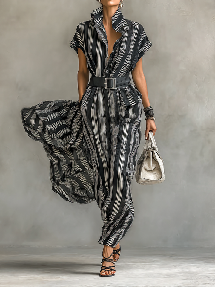 Maxi Striped Chiffon Dress with Collar and Short Sleeves for Women with Belt