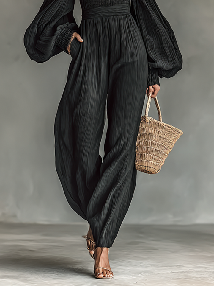 Women's Pleated Fabric Jumpsuit with Off-the-Shoulder Design and Long Sleeves