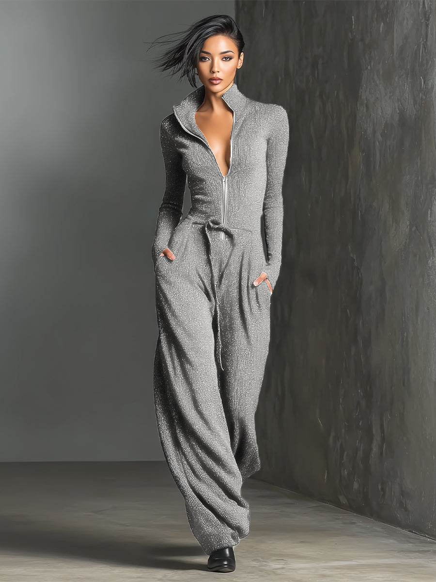 Elegant Women's Knit Jumpsuit with Front Zip