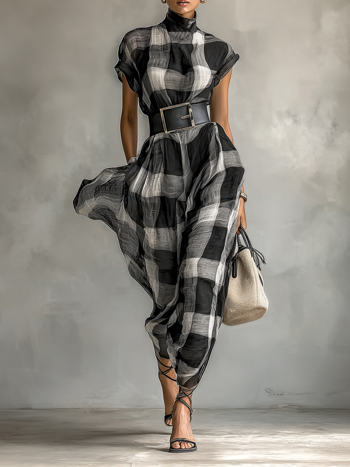 Maxi Dress in Check Chiffon with High Neck and Short Sleeves