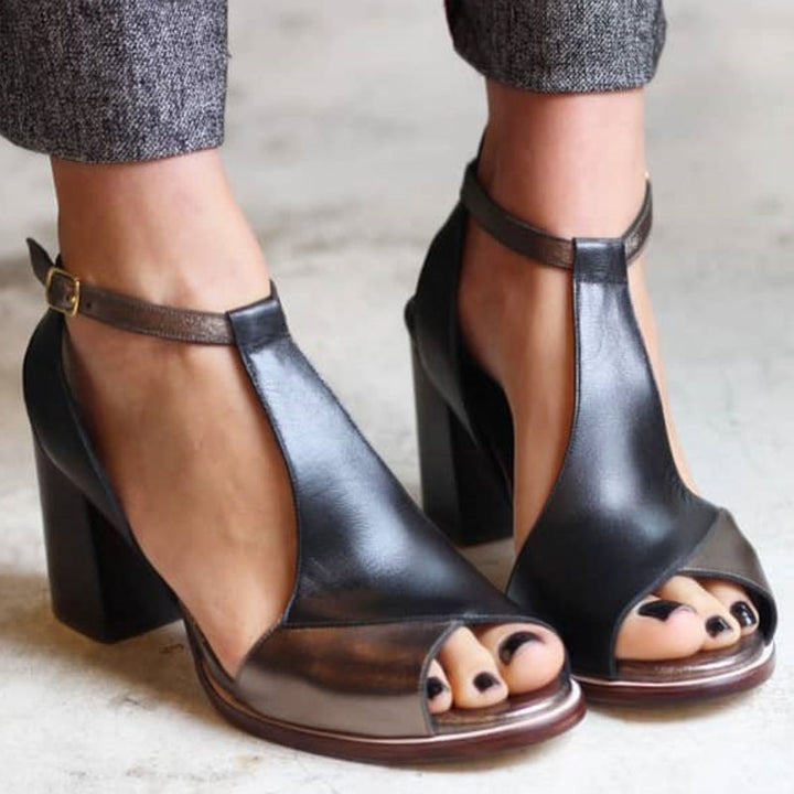 Nadaria™ | Black Patchwork Peep Toe Heels