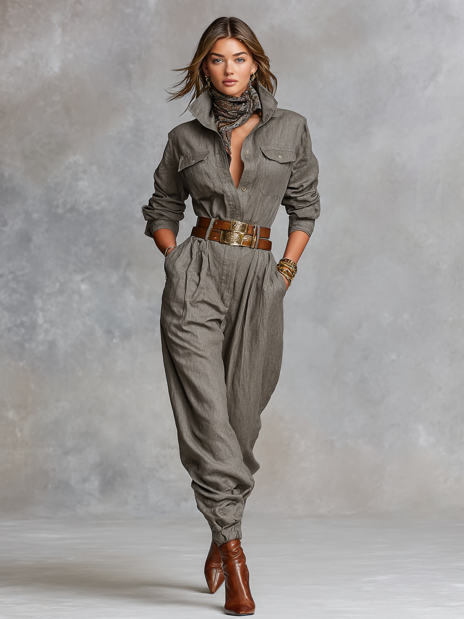 Long Sleeve Cotton and Linen Jumpsuit