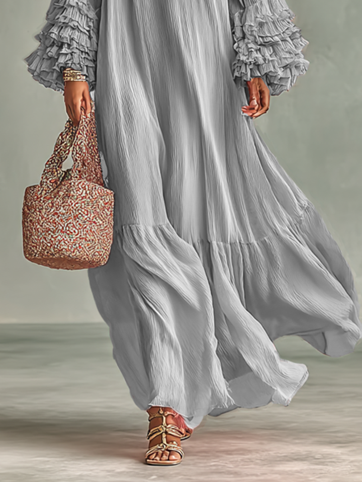 Maxi Dress in Pleated Chiffon for Women with Long Sleeves and Ruffles