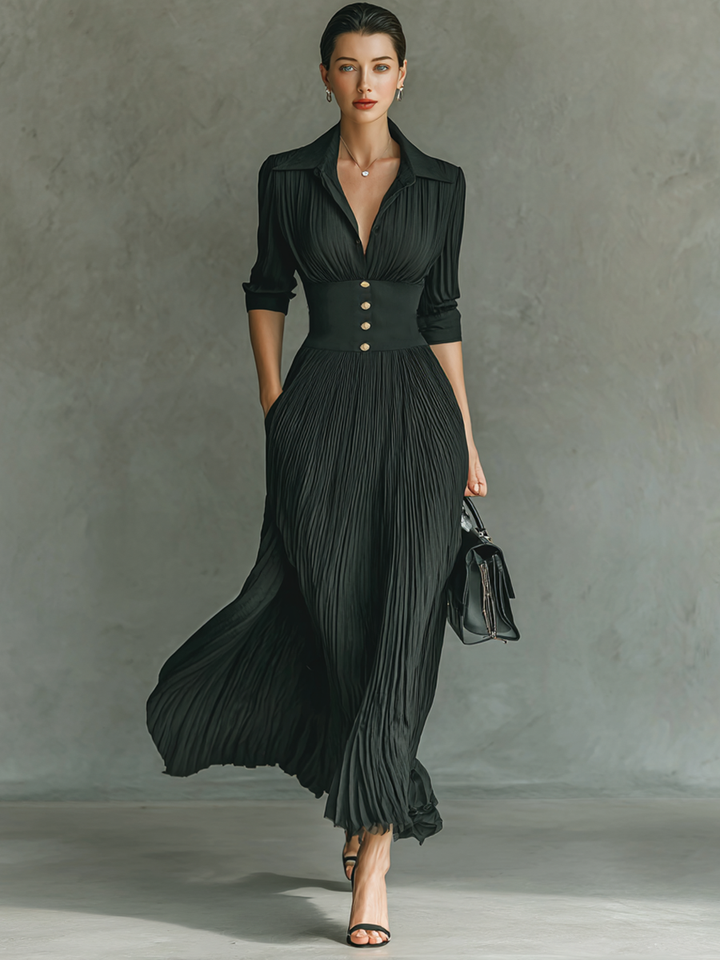 Long Maxi Dress with Long Sleeves, Notched Collar, and Pleats