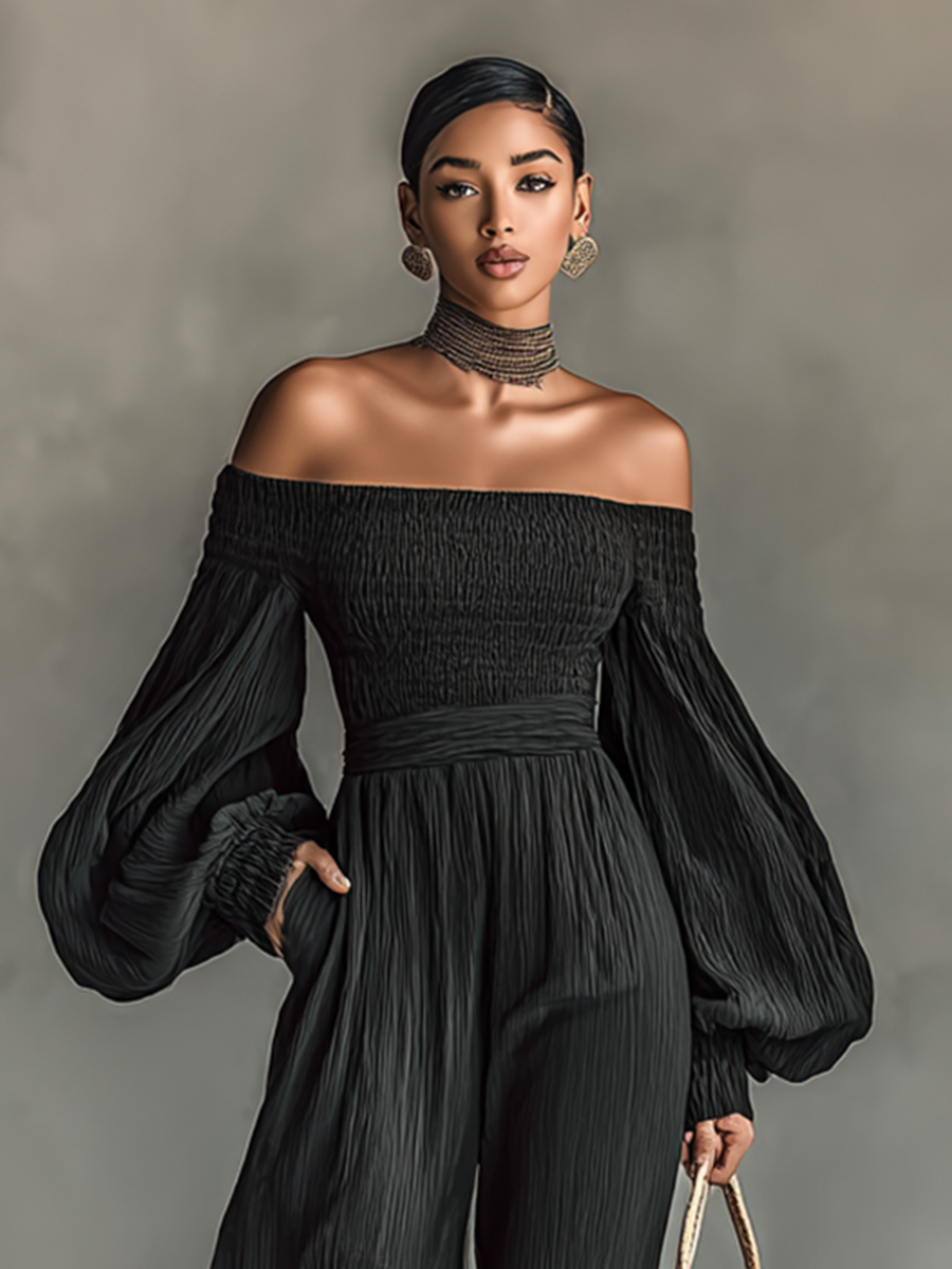 Women's Pleated Fabric Jumpsuit with Off-the-Shoulder Design and Long Sleeves