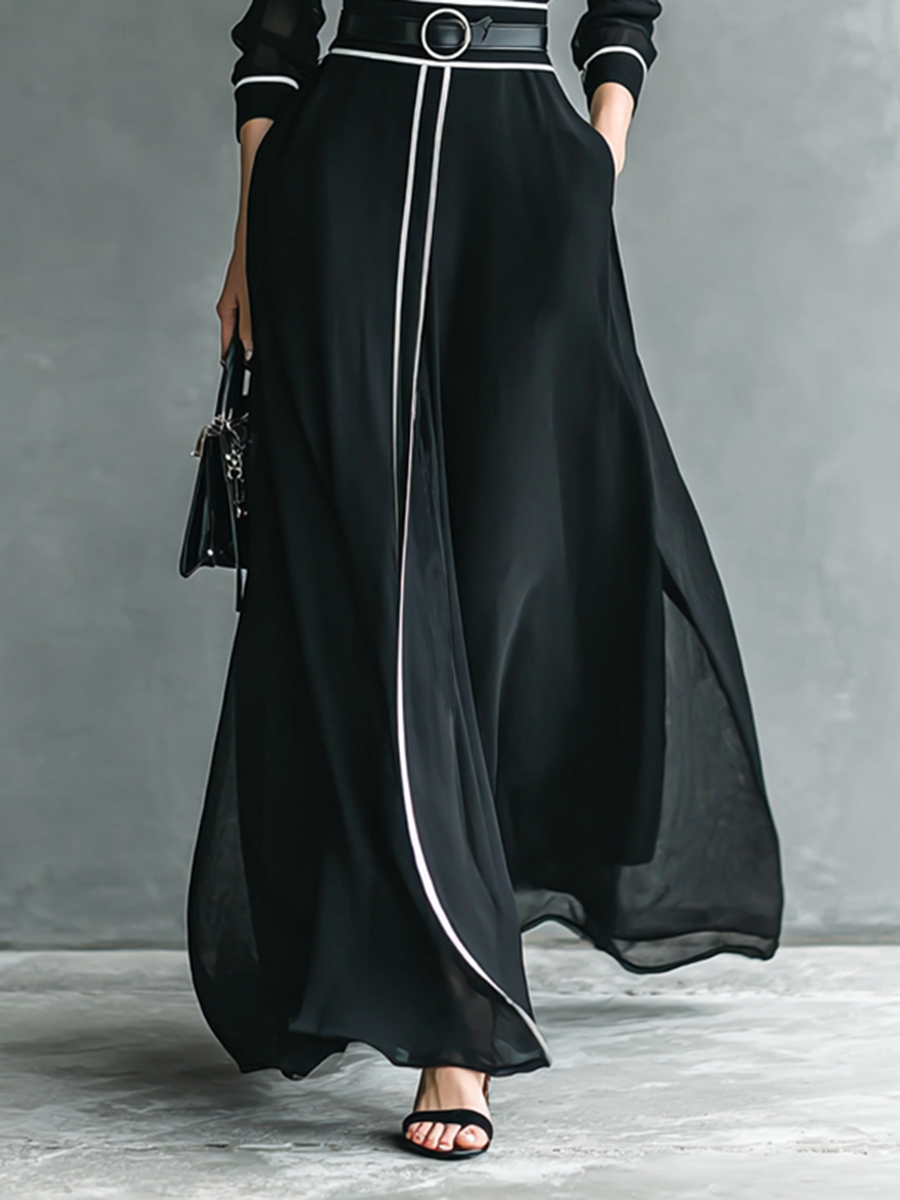 Maxi Chiffon Dress with High Neck and Long Sleeves for Women with White Trim