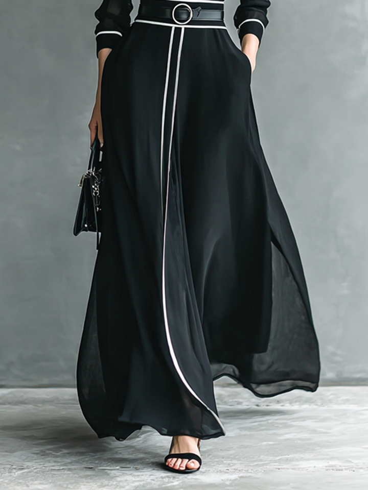 Maxi Chiffon Dress with High Neck and Long Sleeves for Women with White Trim