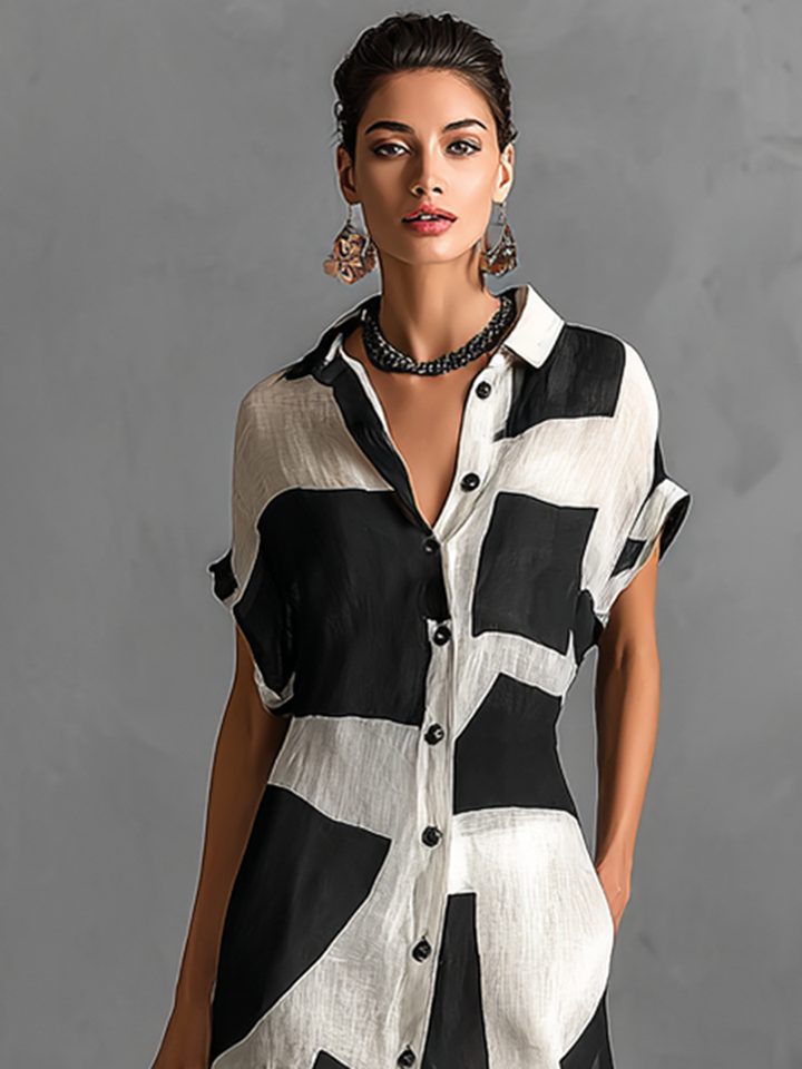 Maxi Shirt Dress in Chiffon for Women with Irregular Geometric Print and Lapel Collar, Short Sleeves, Single Button