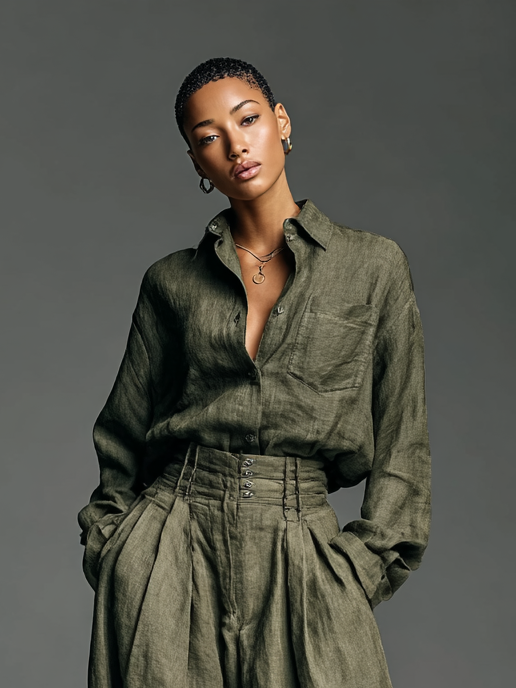 Two-Piece Women's Cotton and Linen Set with Long Sleeve Shirt and Wide Leg Pants