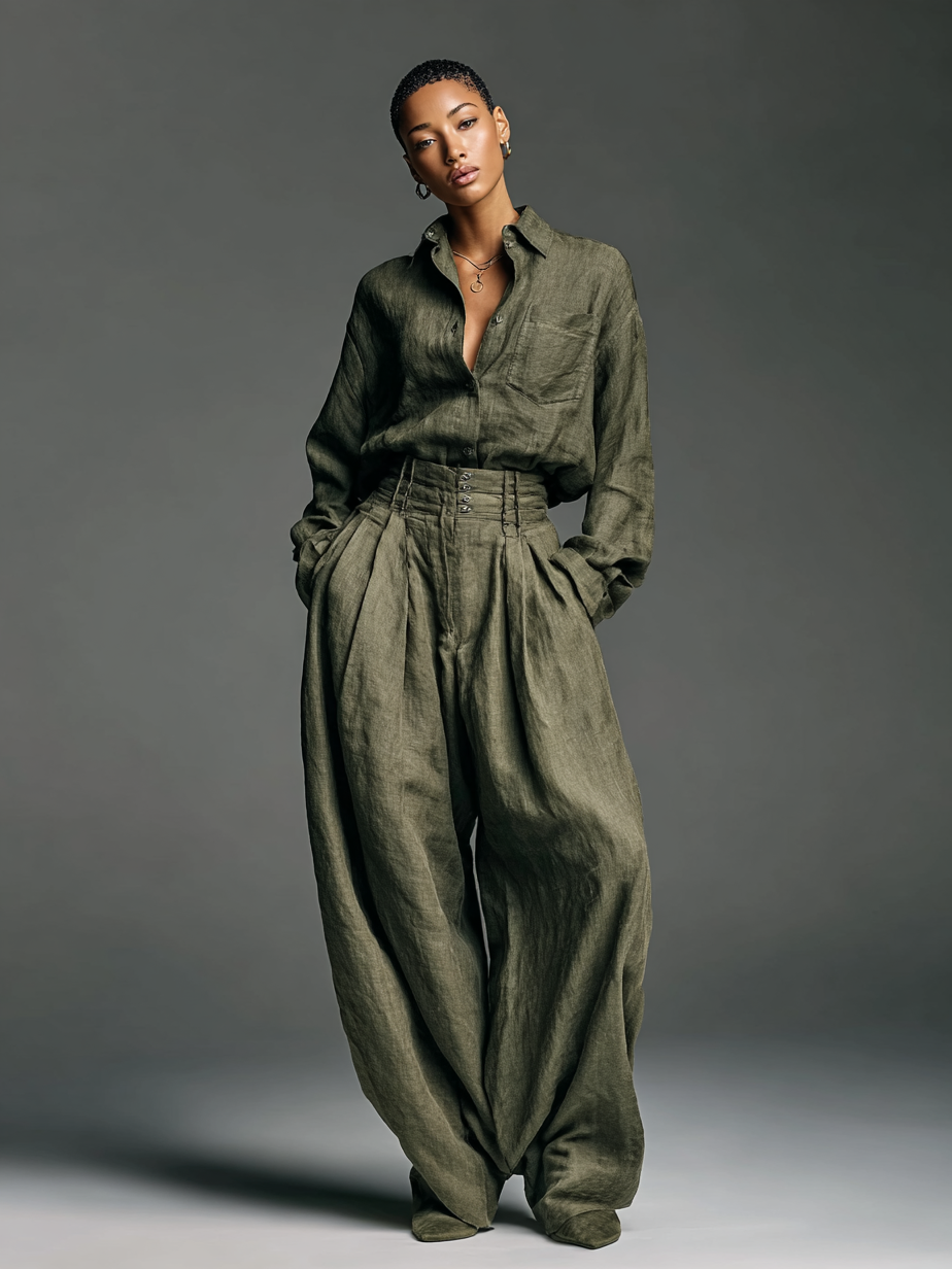 Two-Piece Women's Cotton and Linen Set with Long Sleeve Shirt and Wide Leg Pants