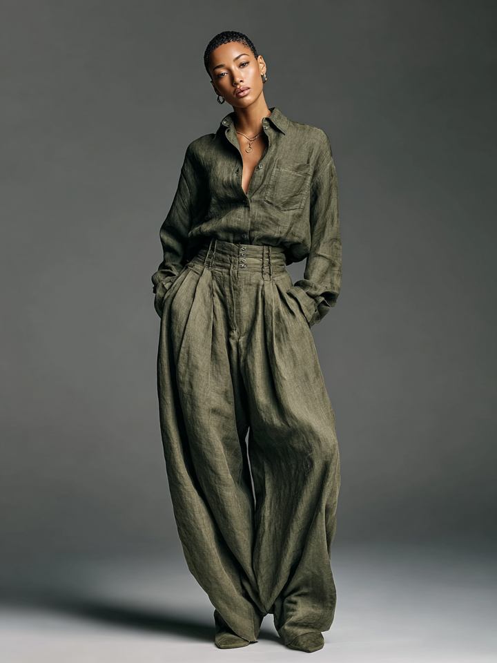 Two-Piece Women's Cotton and Linen Set with Long Sleeve Shirt and Wide Leg Pants
