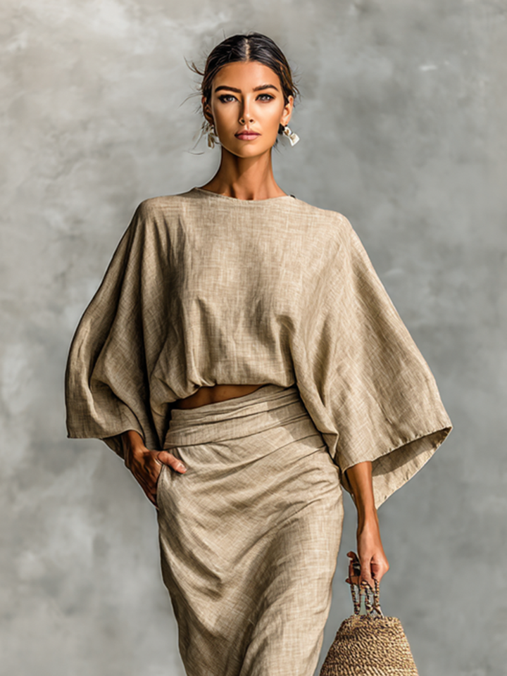 Two-Piece Set Long Skirt Batwing Sleeves in Cotton and Linen
