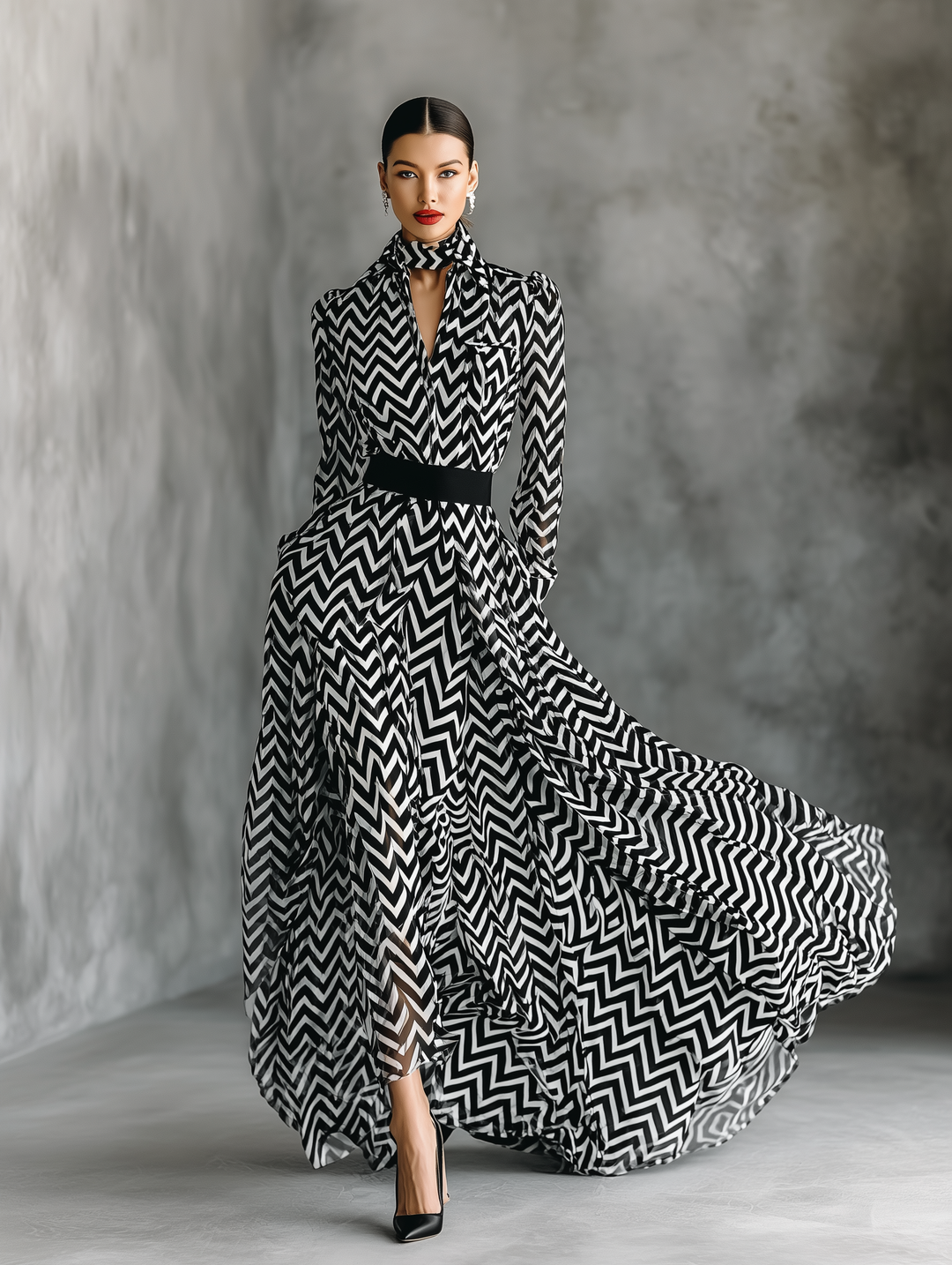 Maxi Dress in Black and White Striped Chiffon