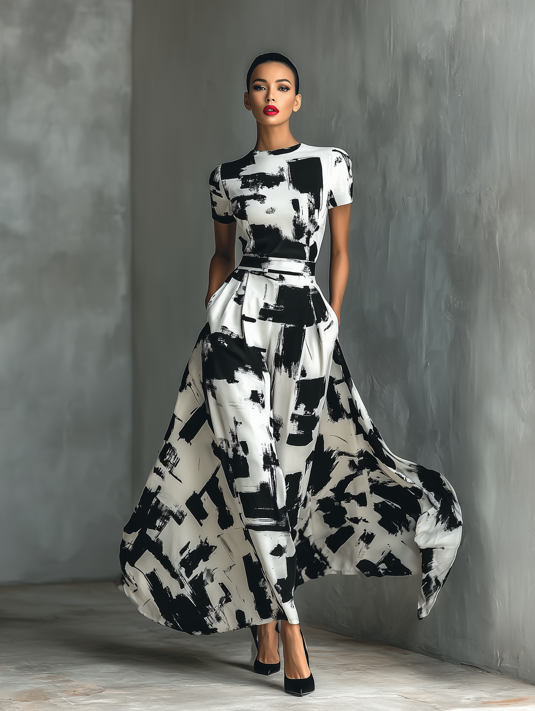 Maxi Dress with Short Sleeves and Abstract Print