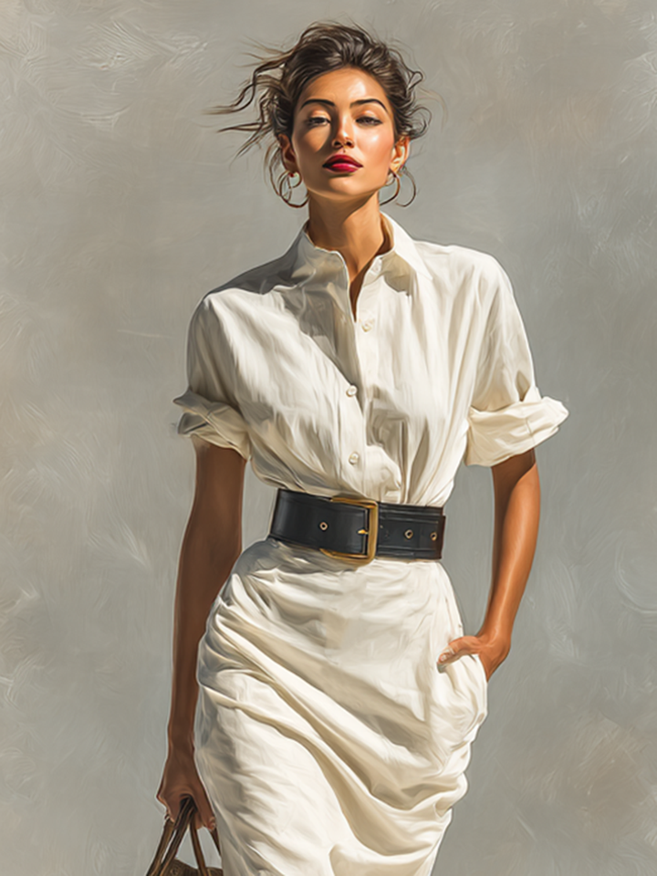 Women's Short Sleeve Dress with Collar and Belt