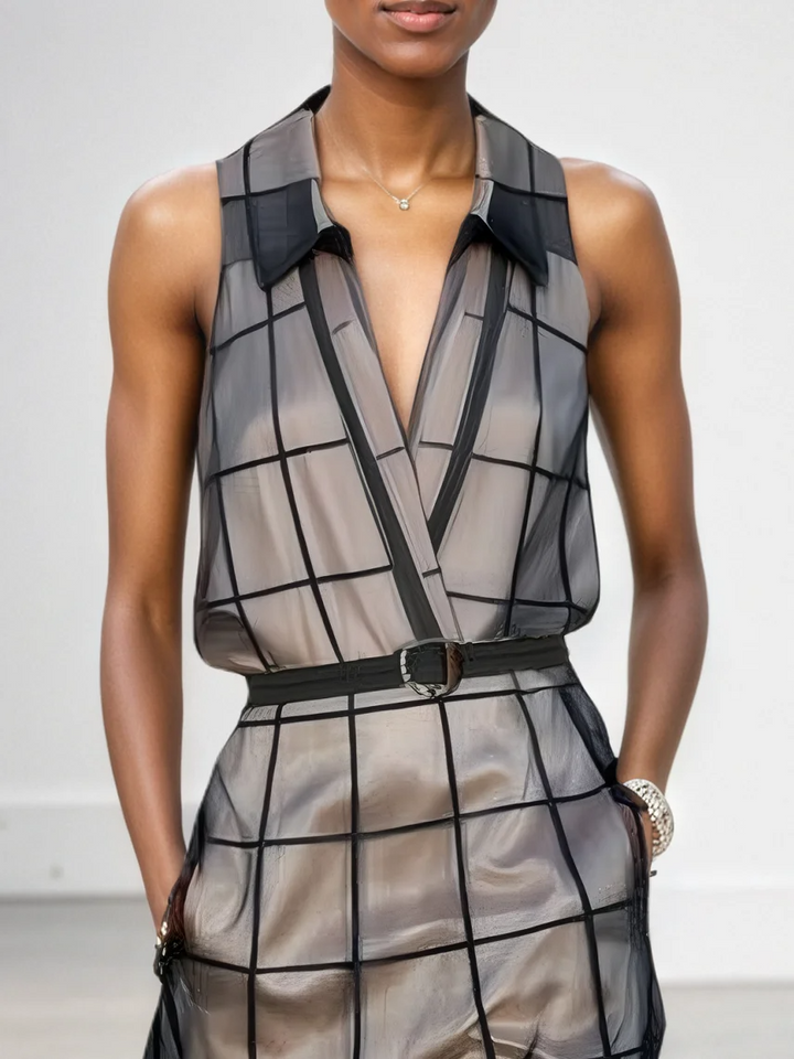 Maxi Sleeveless Checkered Tulle Dress with Collar and Belt