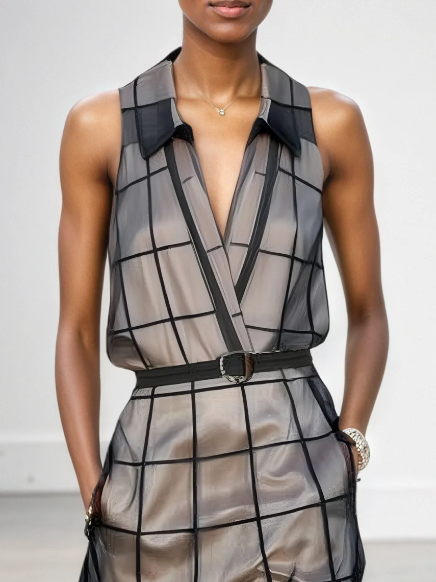 Maxi Sleeveless Tulle Check Dress with Collar and Belt