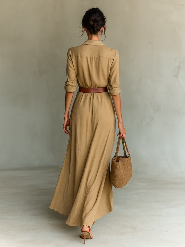 Long Maxi Dress with Notched Collar and Included Belt