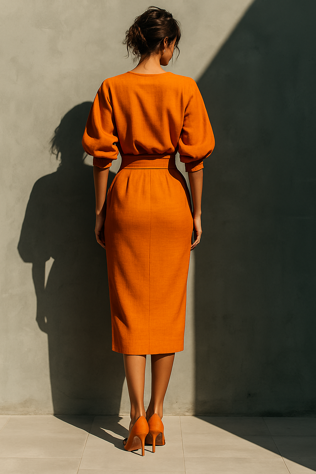 Vibrant Midi Skirt in Orange Cotton-Linen Blend