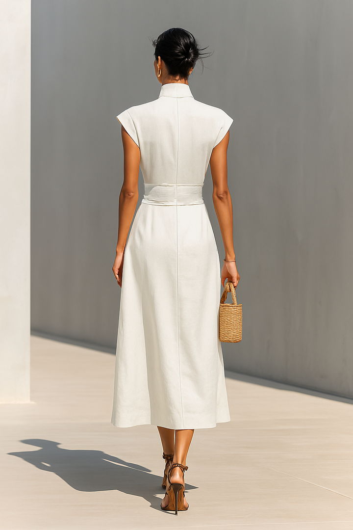 Maxi Dress in Pure Cotton with Notched Collar and Hooded Sleeves